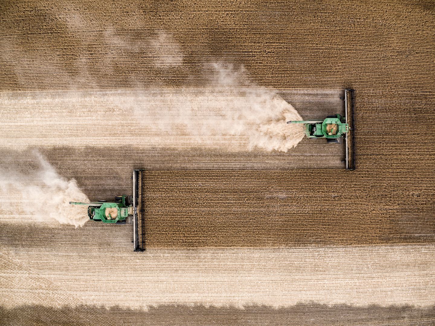 An aerial drone shot of two green harvester machines working parallel to one another in a golden paddock.