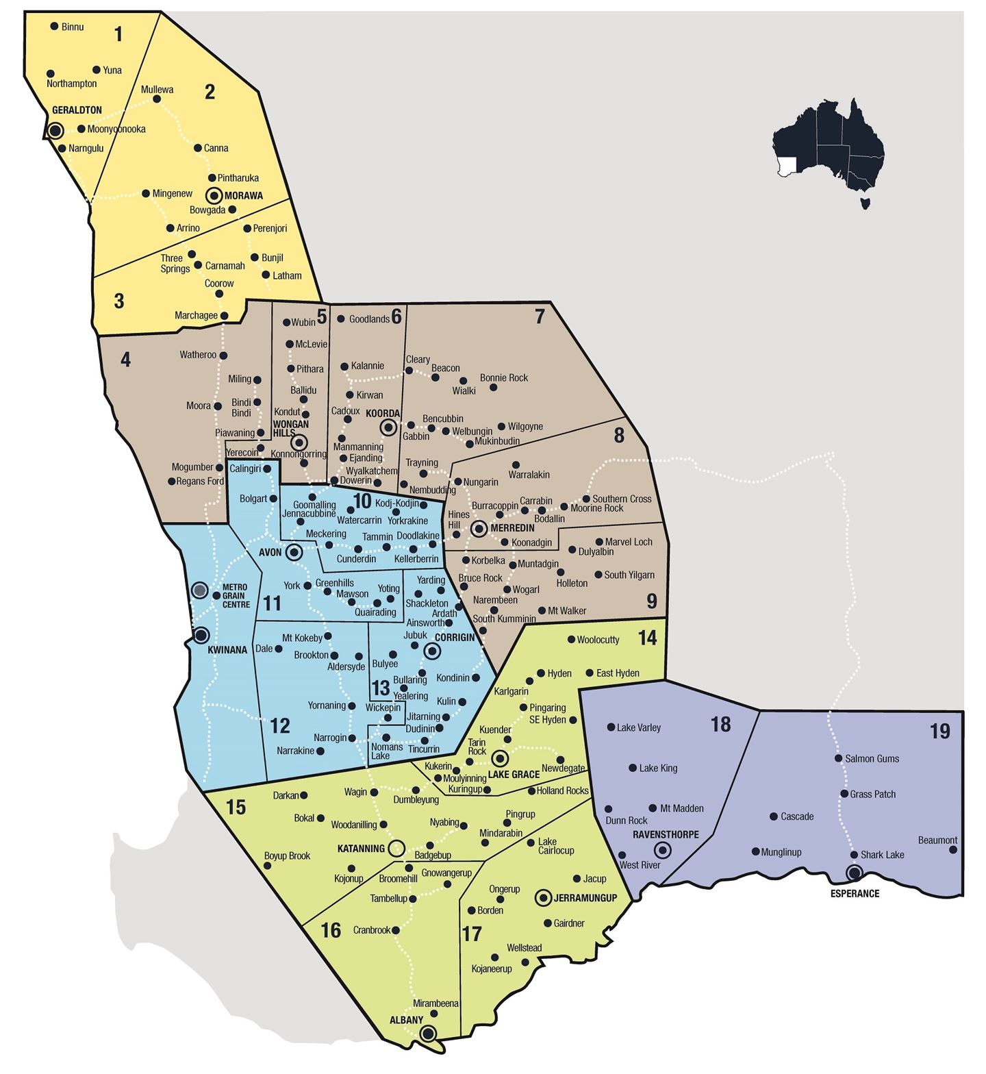 A map graphic of Western Australia showing the locations of CBHs receival sites, ports and offices
