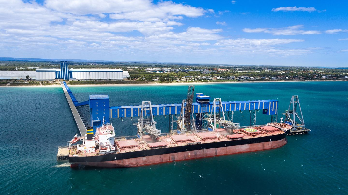 A large bulk carrier is anchored at the Kwinana Grain Terminal wharf with the blue and white terminal in the background
