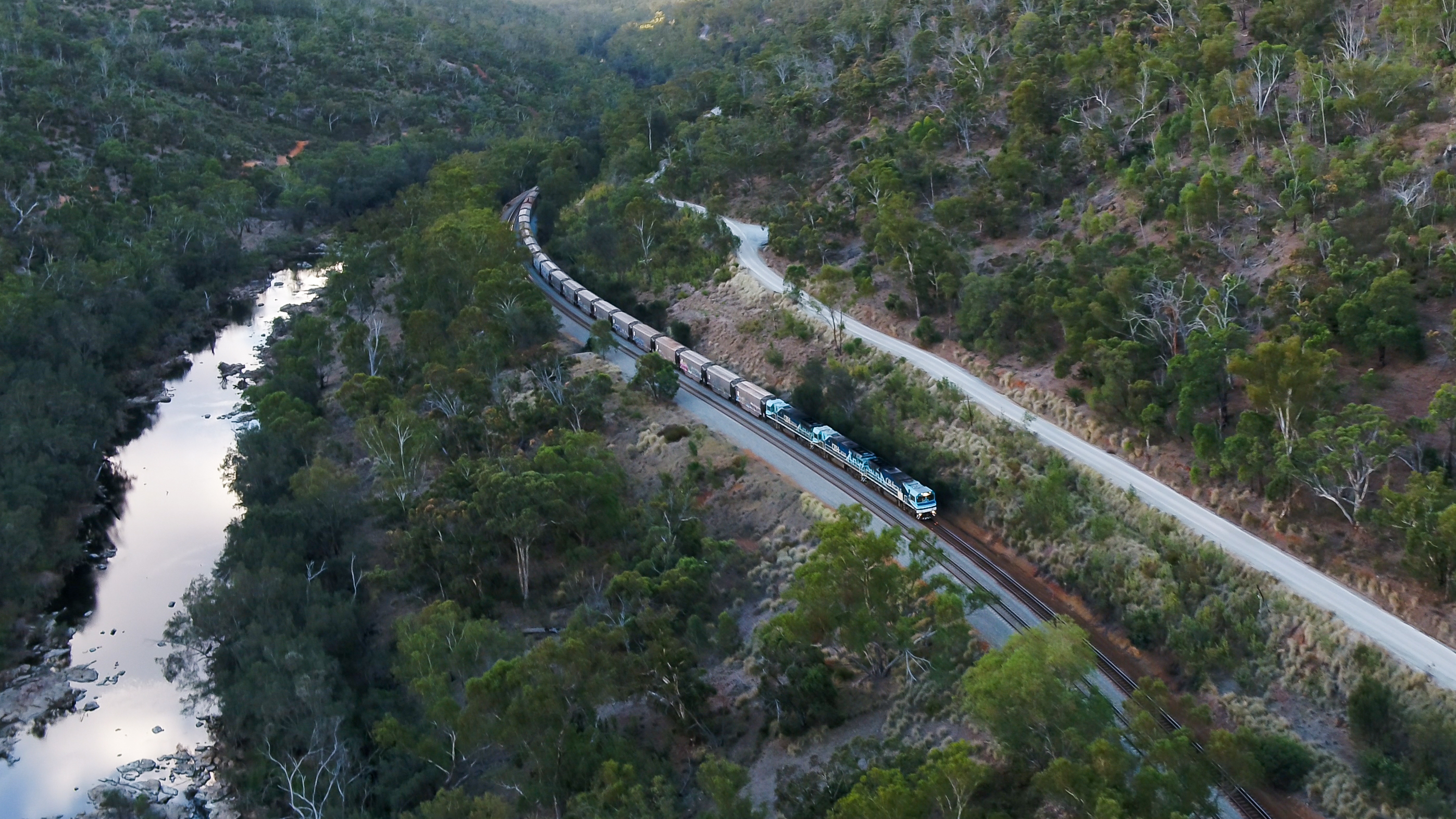 An aerial shot of CBH's longest and largest grain train travelling through Avon Valley to Kwinana Grain Terminal