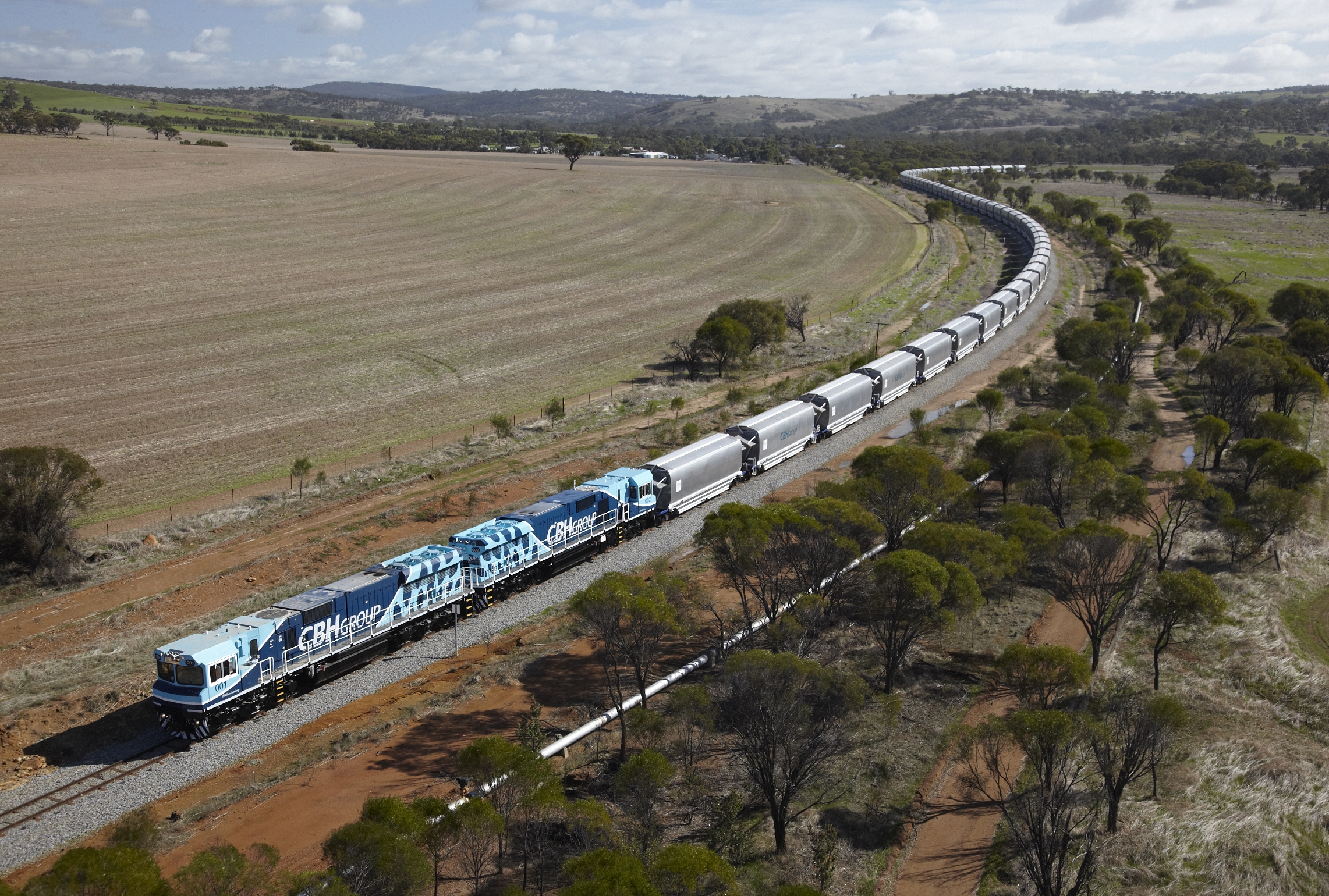 Aerial image of CBH first train passing through the Wheatbelt