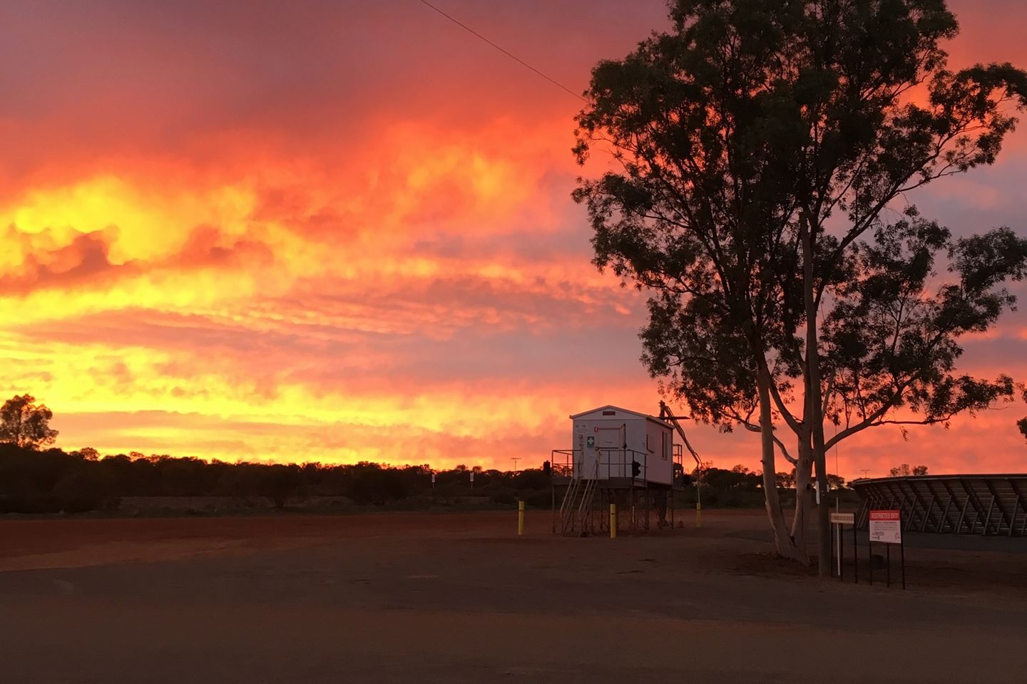 Sunset panorama at Coorow site with gumtree, sample hut and open bulkhead