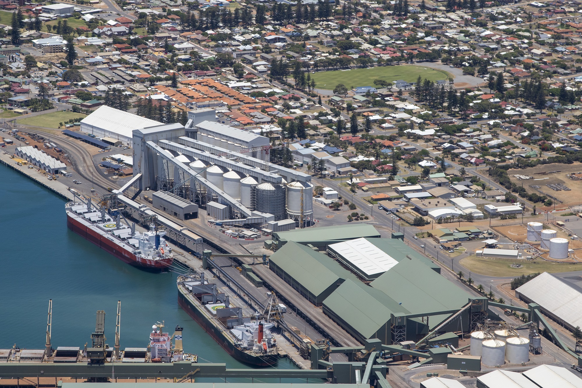 Aerial view of Geraldton Port, centred on CBH Geraldton Grain Terminal 
