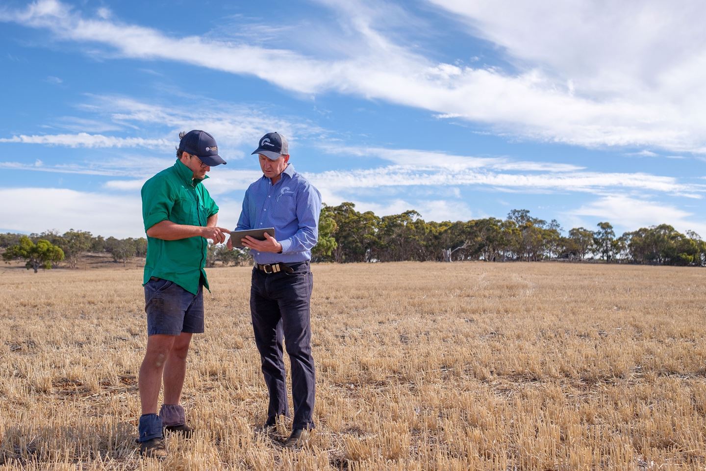 Two men wearing caps stand in a brown paddock looking at an ipad together